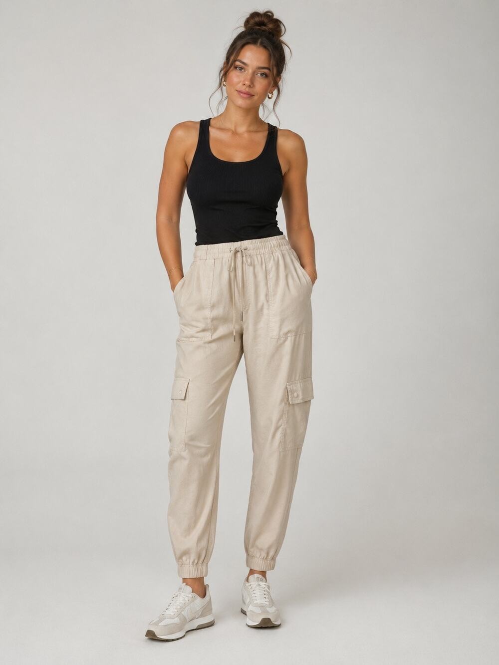 Hudson Cargo Jogger Pants Linen Lyocell Drawstring Beige Large NWT
